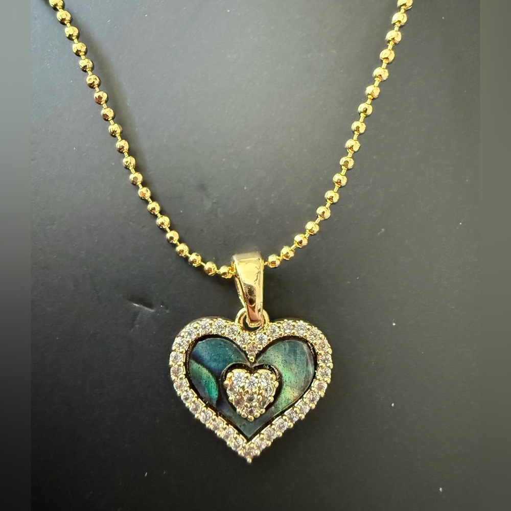 Gold Filled Abalone Heart Pendant Necklace with Crystals * NEW